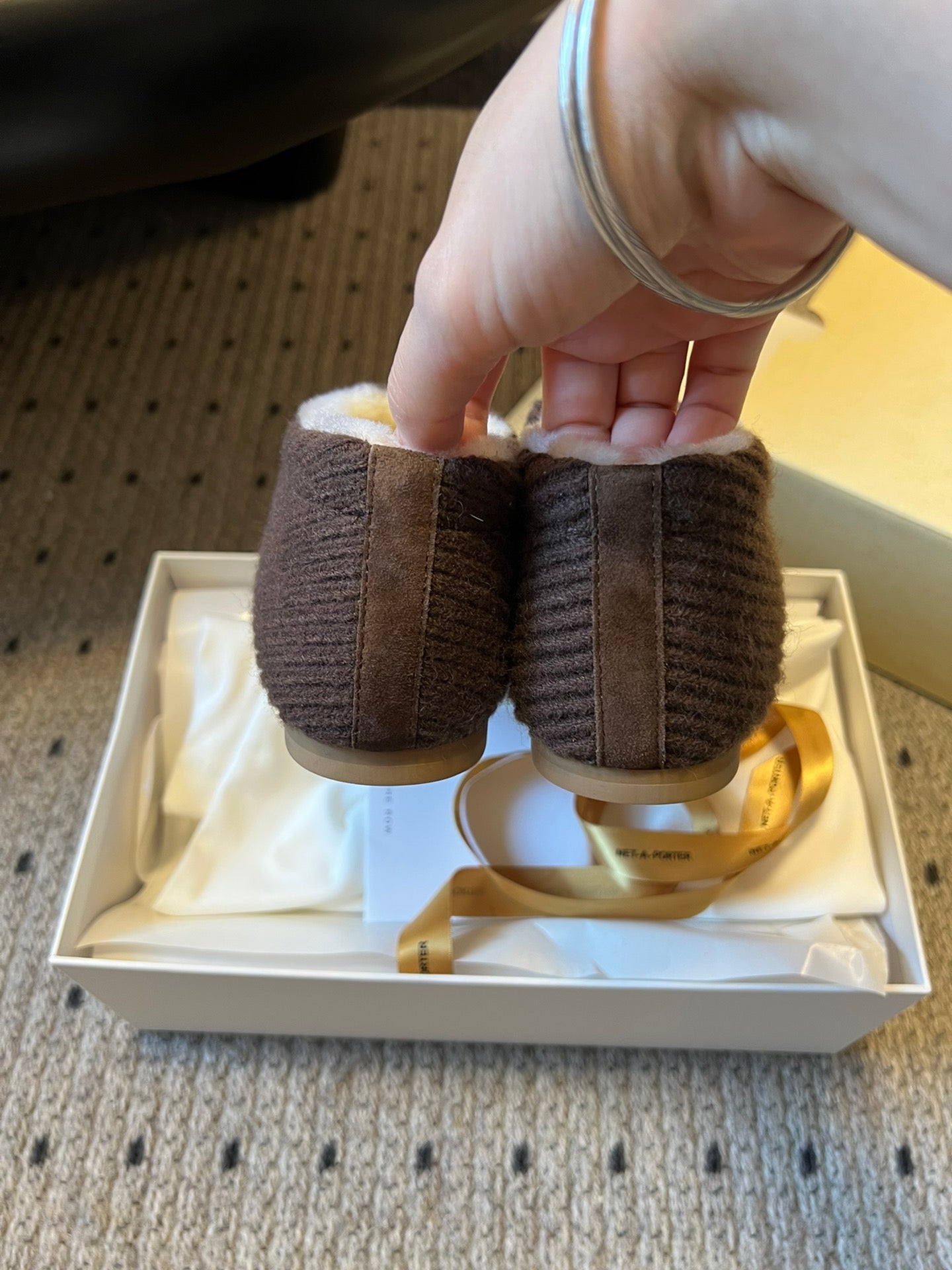 The Row 2025 Striped Furry Slipper Brown White Wool 561637