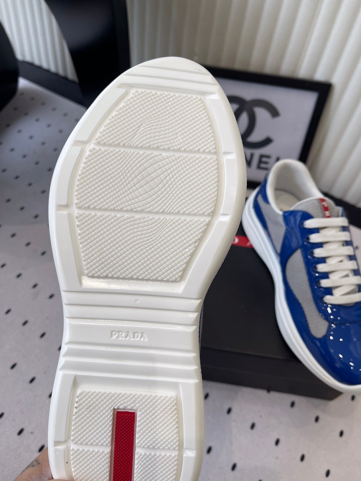 Pra 2025 Sneaker Blue mix Gray Patent Leather Mesh 554575