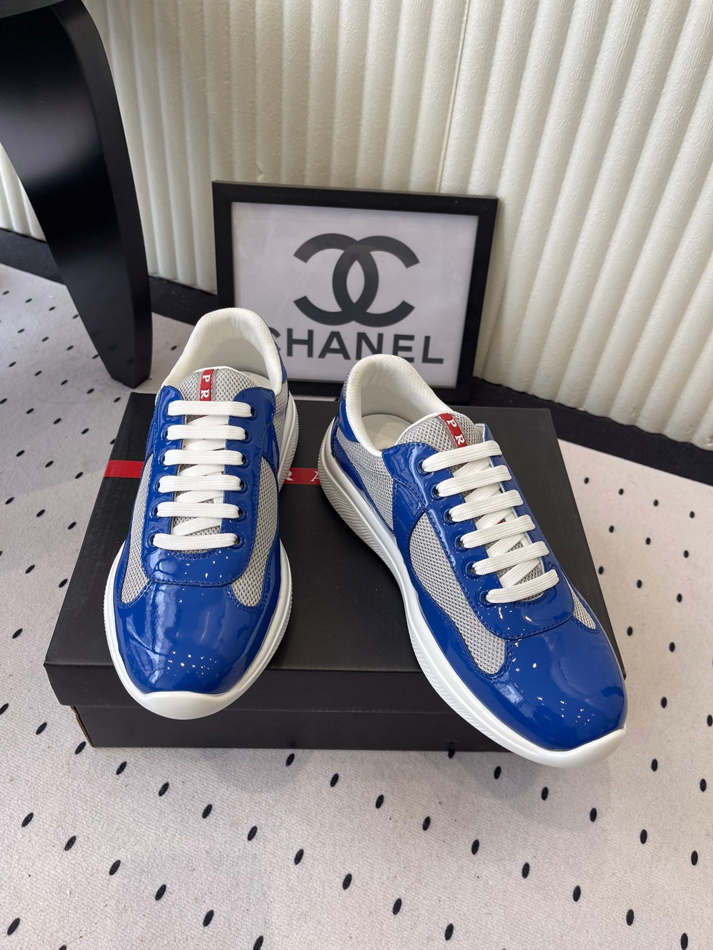 Pra 2025 Sneaker Blue mix Gray Patent Leather Mesh 554575