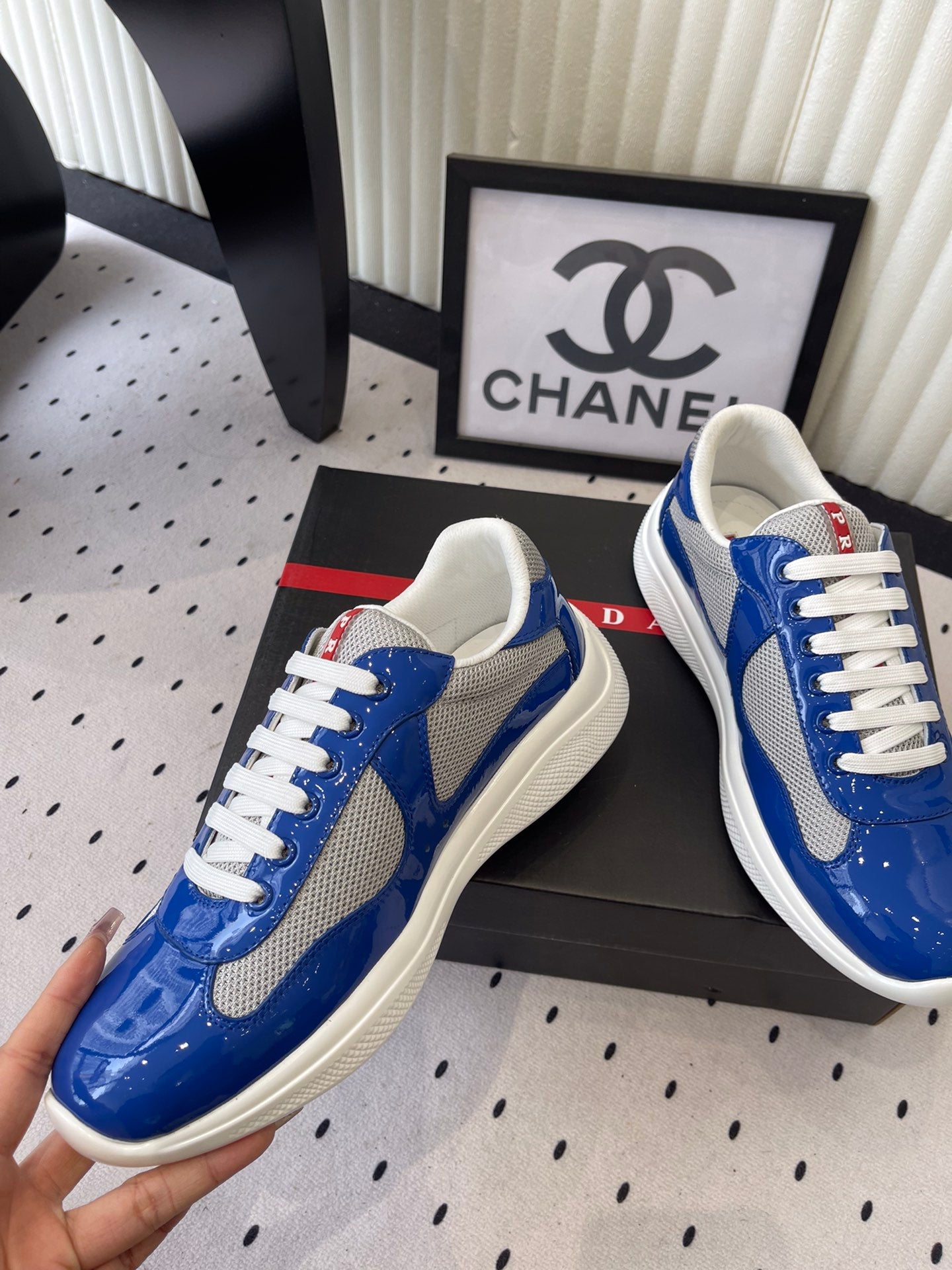 Pra 2025 Sneaker Blue mix Gray Patent Leather Mesh 554575