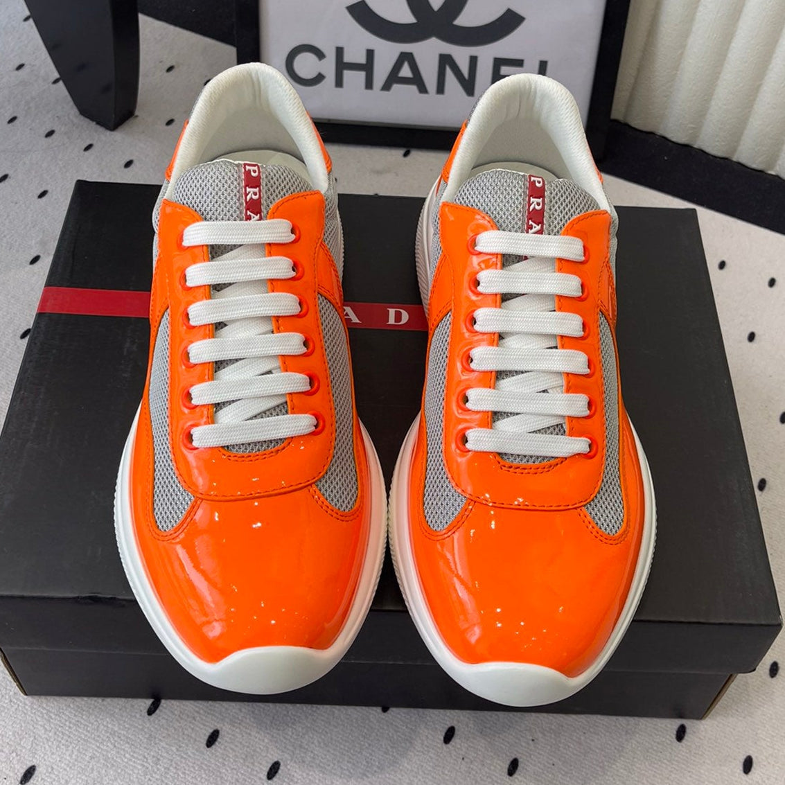 Pra 2025 Sneaker Orange mix Gray Patent Leather Mesh 554581