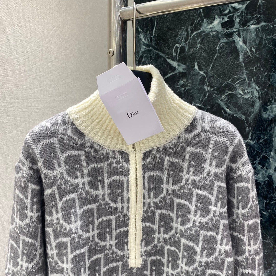 Dior 2025 Oblique Half-zip Sweater Gray and Red Wool