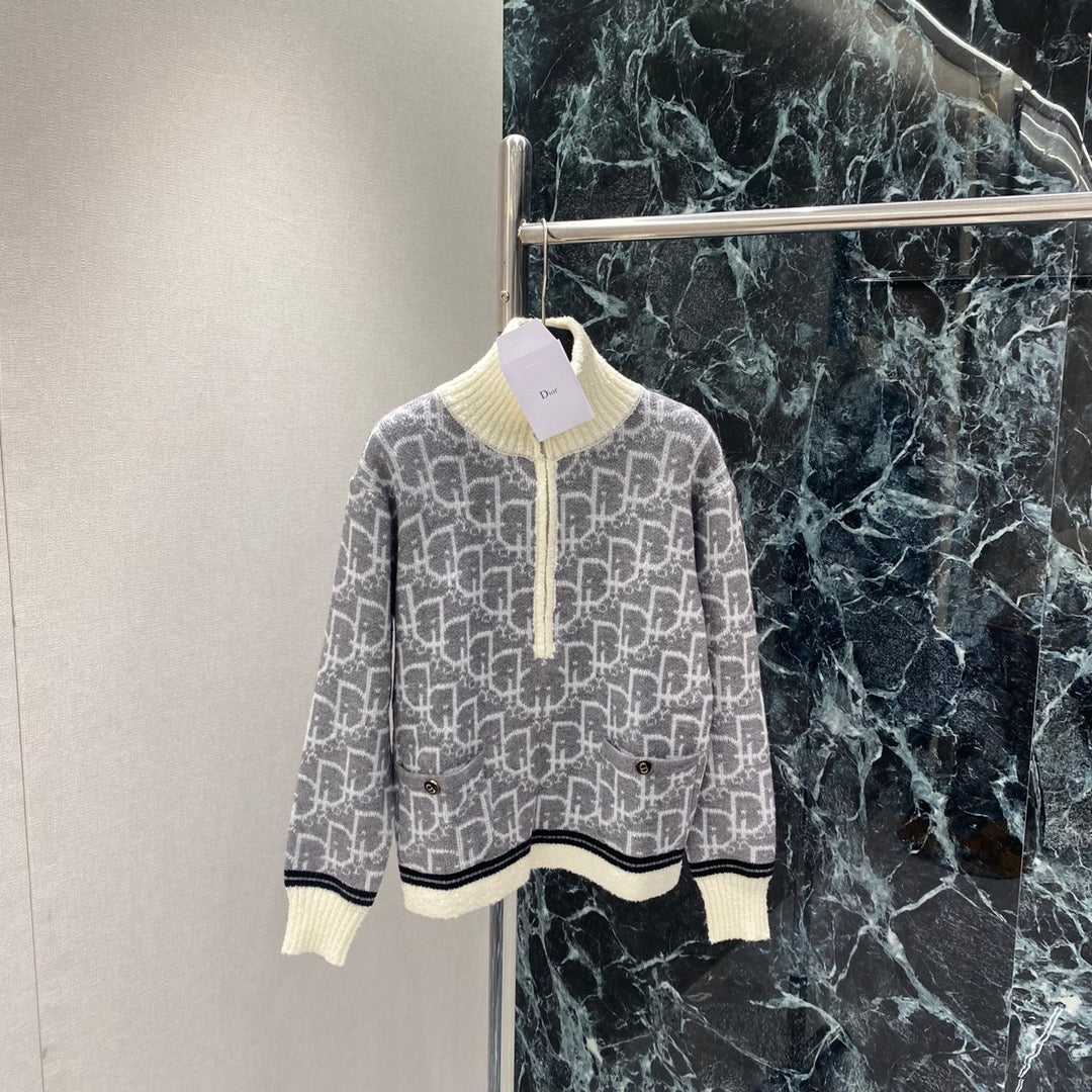 Dior 2025 Oblique Half-zip Sweater Gray and Red Wool