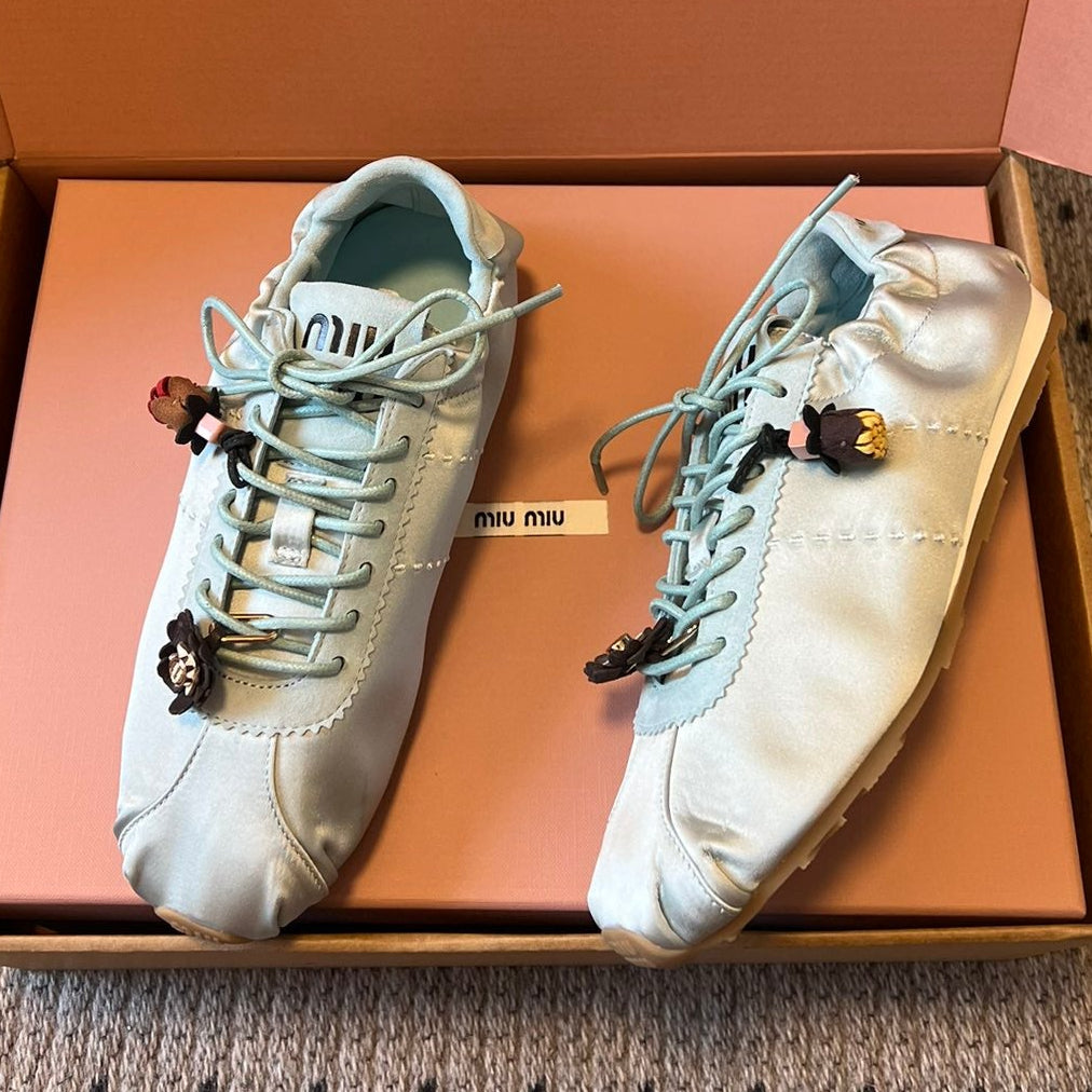 Miu Miu 2026  Plume Sneaker With Floral Charm Light Blue Satin 621342