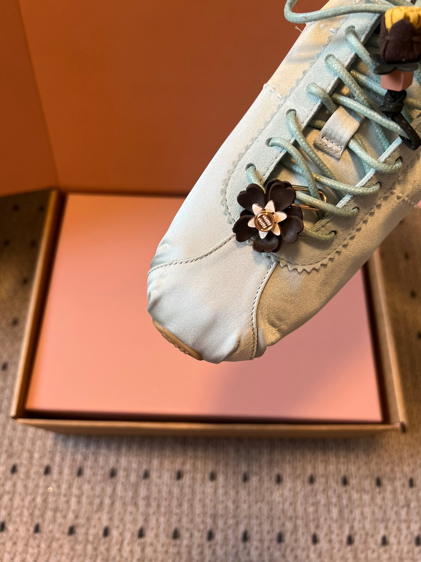 Miu Miu 2026  Plume Sneaker With Floral Charm Light Blue Satin 621342