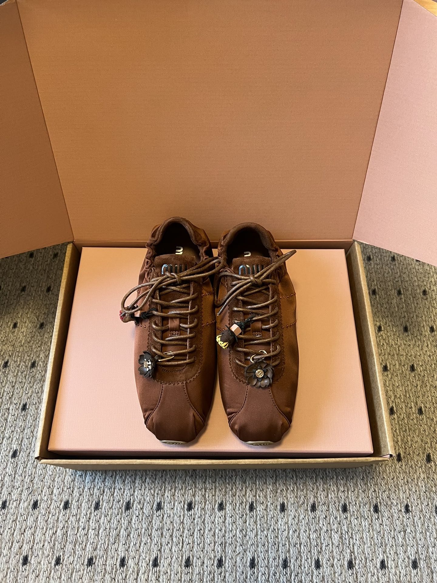 Miu Miu 2026  Plume Sneaker With Floral Charm Dark Brown Satin 621343