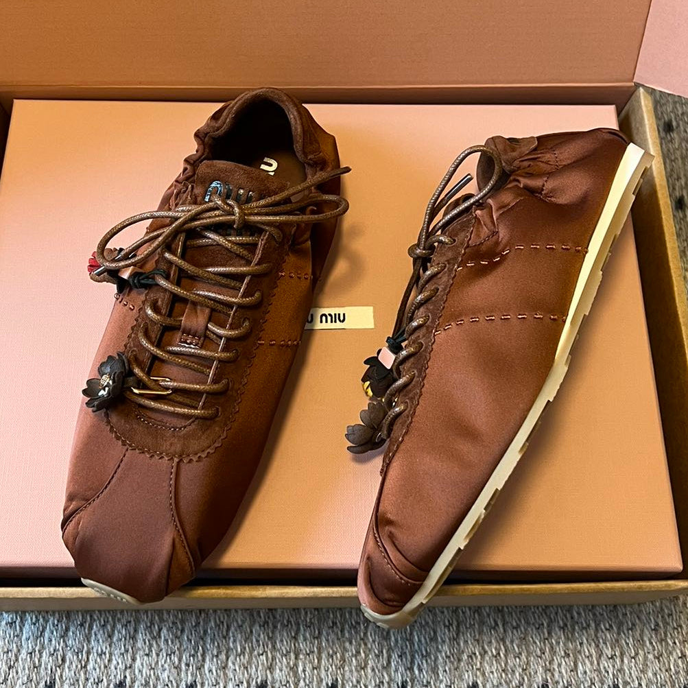 Miu Miu 2026  Plume Sneaker With Floral Charm Dark Brown Satin 621343