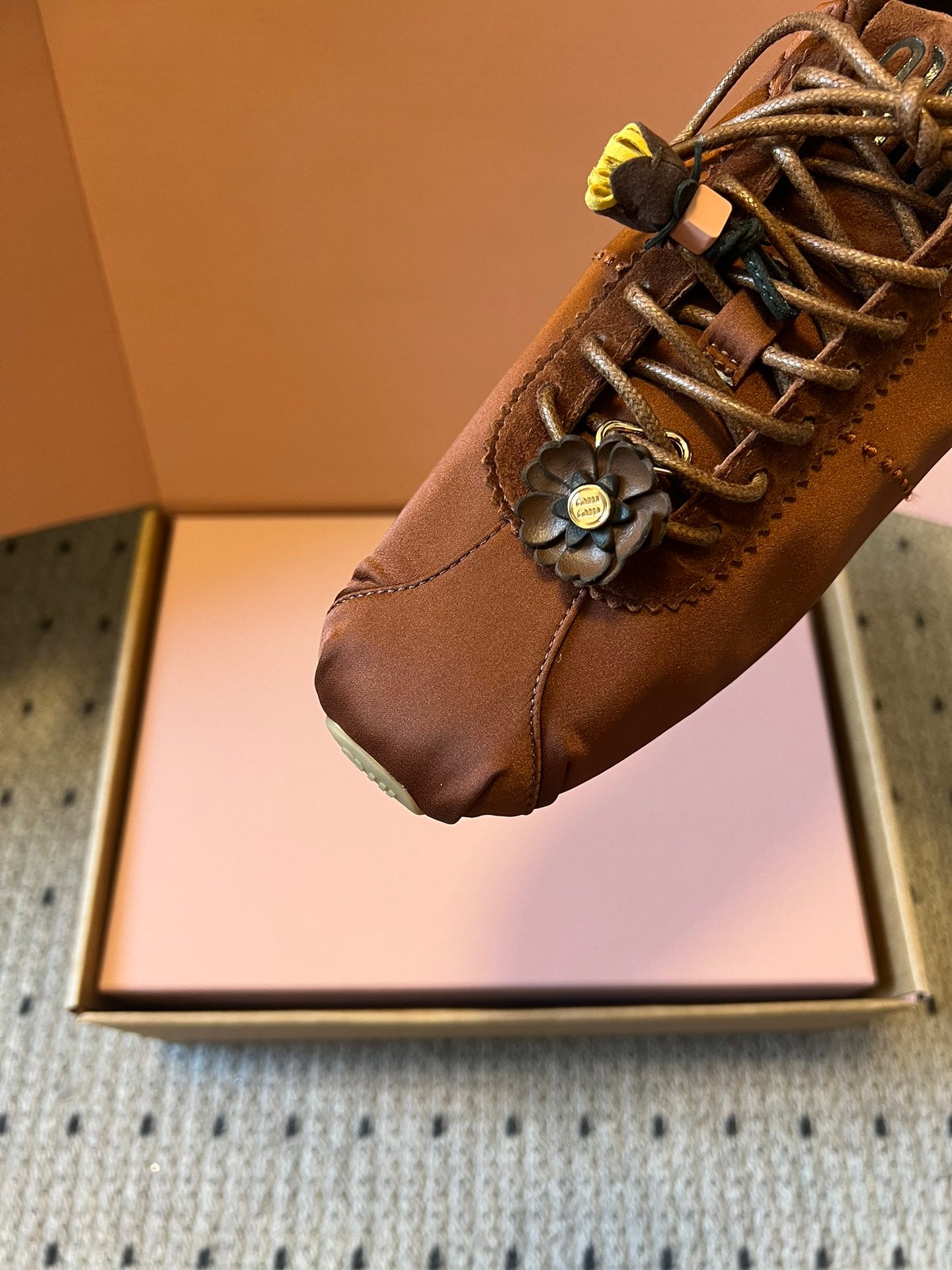 Miu Miu 2026  Plume Sneaker With Floral Charm Dark Brown Satin 621343