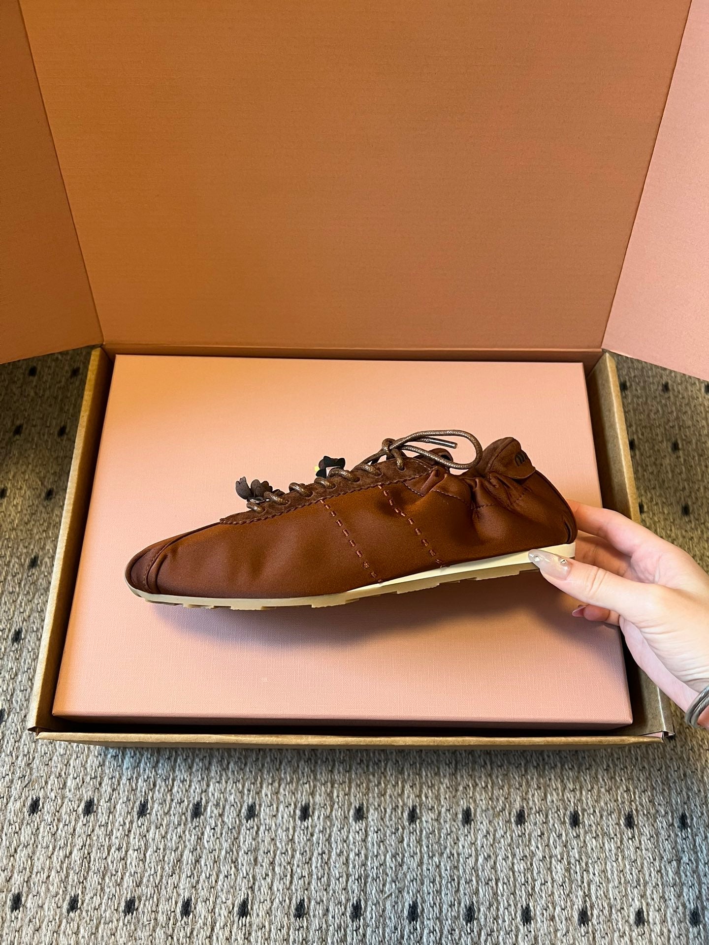 Miu Miu 2026  Plume Sneaker With Floral Charm Dark Brown Satin 621343