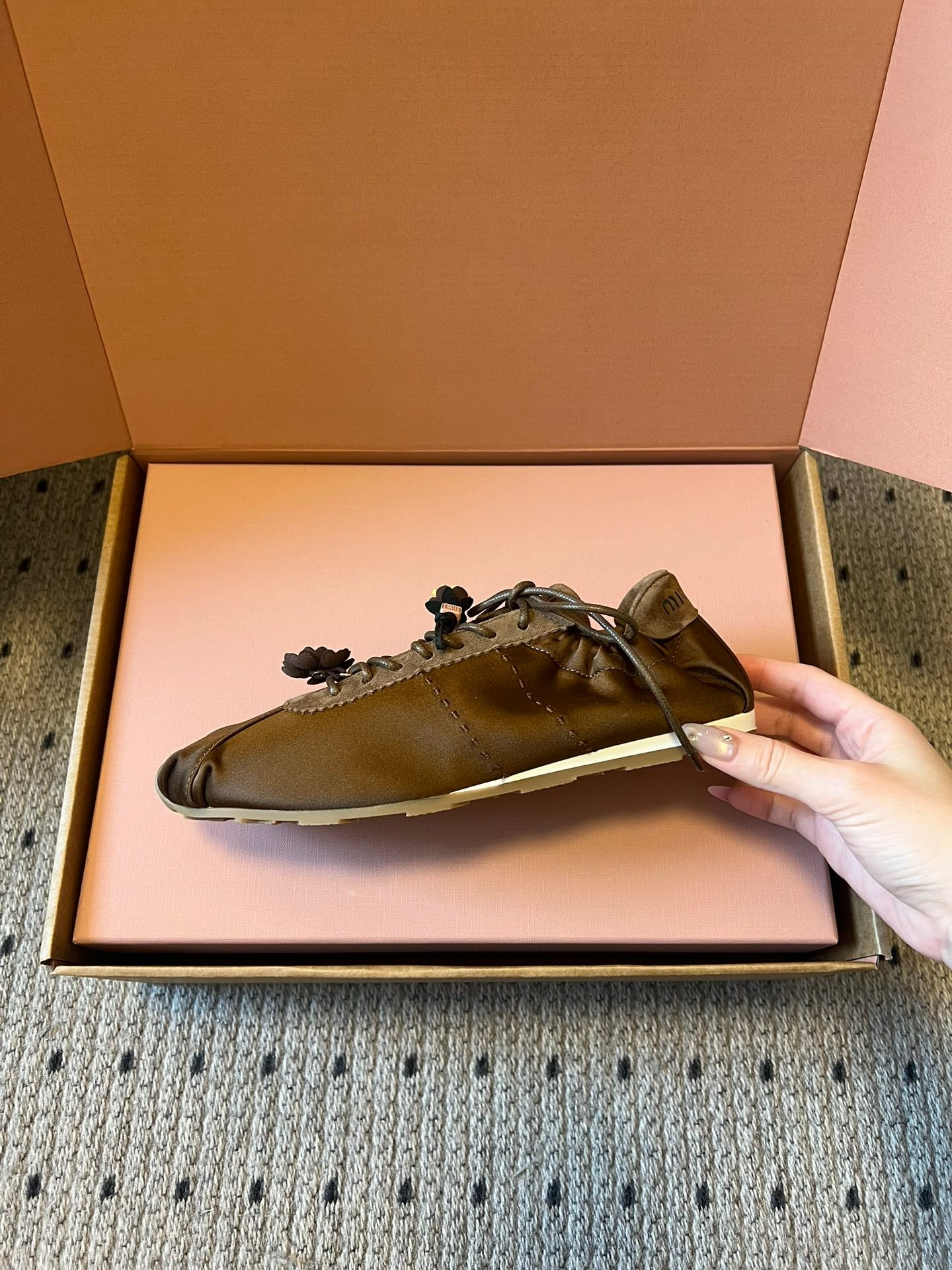 Miu Miu 2026  Plume Sneaker With Floral Charm Brown Satin 621344