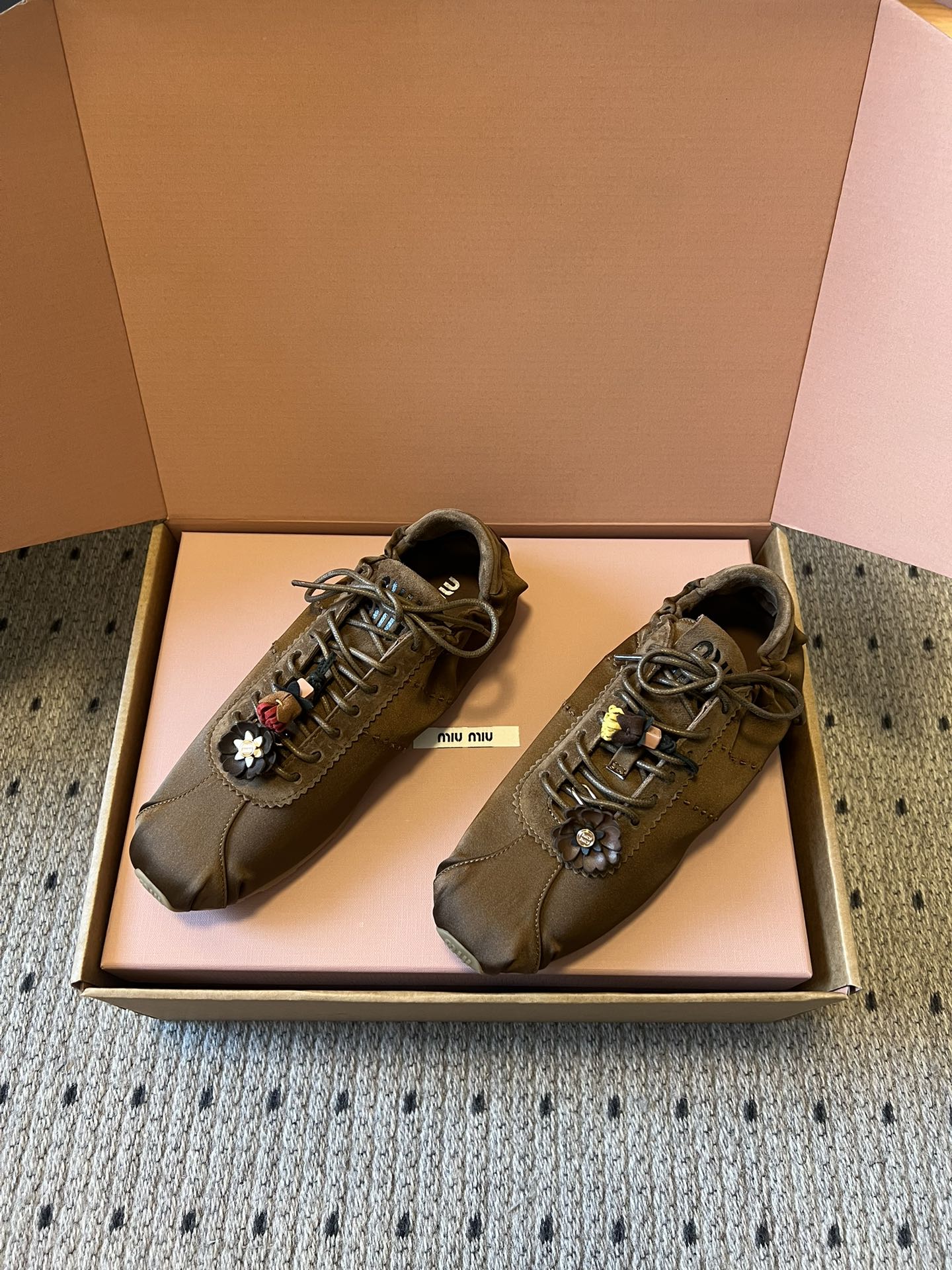 Miu Miu 2026  Plume Sneaker With Floral Charm Brown Satin 621344