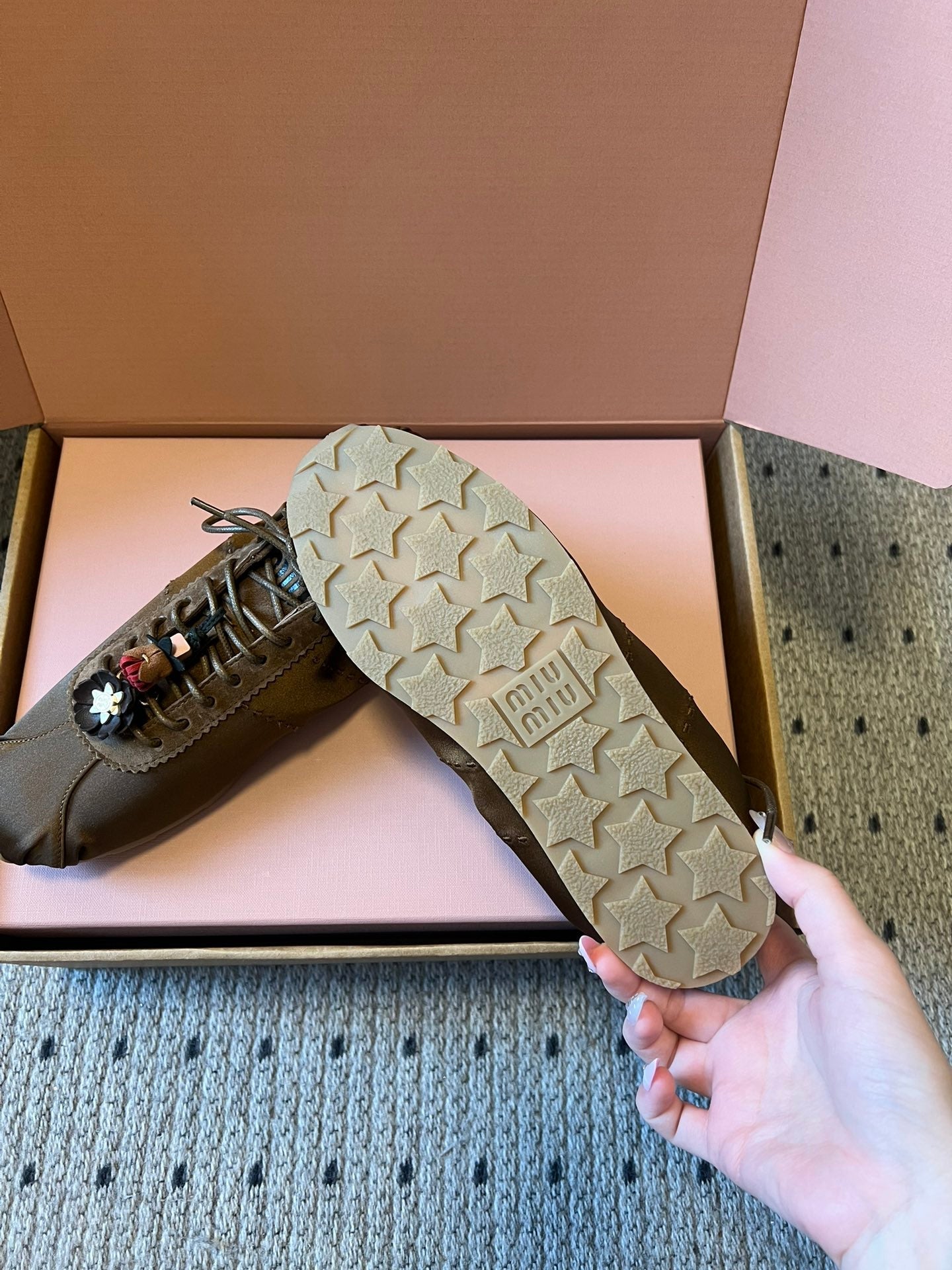 Miu Miu 2026  Plume Sneaker With Floral Charm Brown Satin 621344