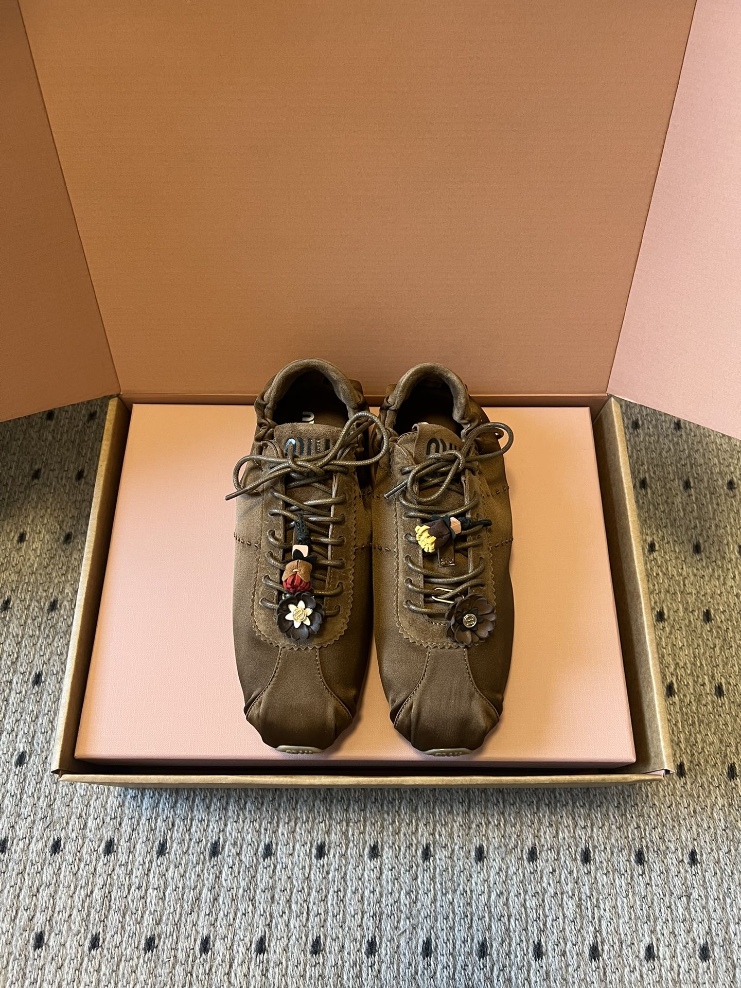 Miu Miu 2026  Plume Sneaker With Floral Charm Brown Satin 621344