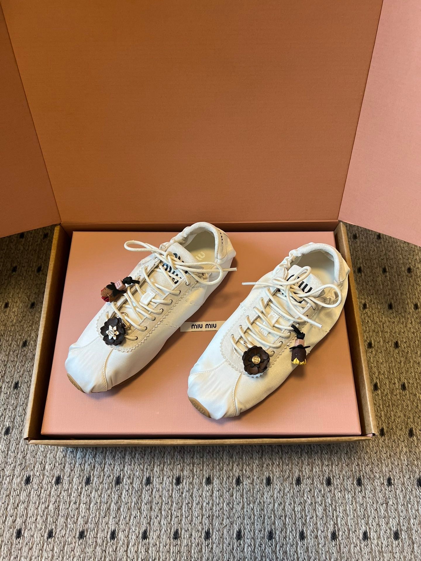 Miu Miu 2026  Plume Sneaker With Floral Charm White Satin 621346