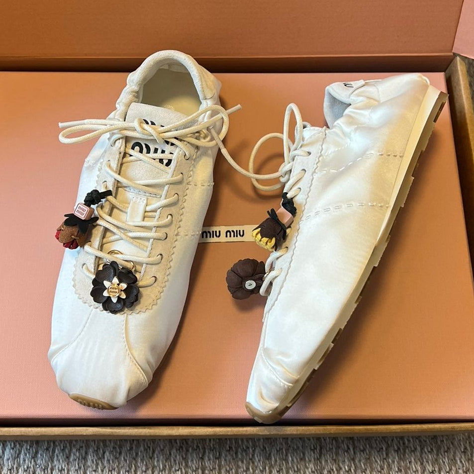 Miu Miu 2026  Plume Sneaker With Floral Charm White Satin 621346