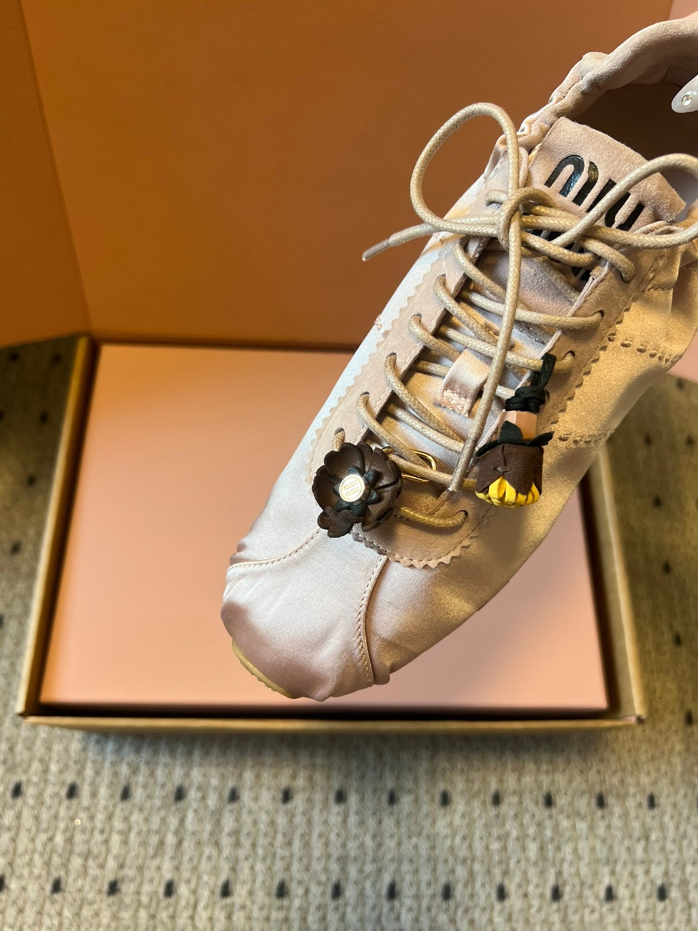 Miu Miu 2026  Plume Sneaker With Floral Charm Pink Satin 621345