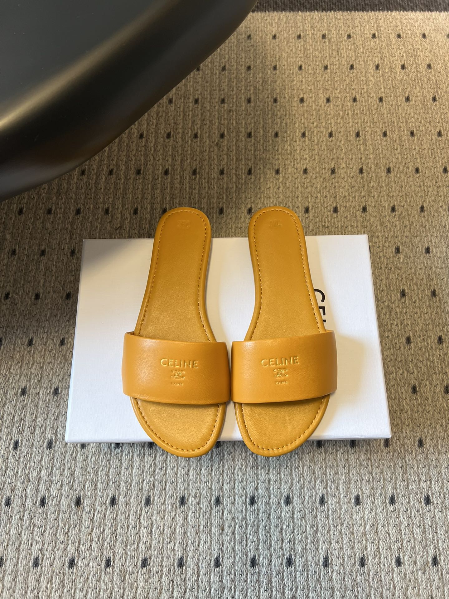 Celine 26  Flat Mule Slippers Mustard Yellow Sheepskin 621529
