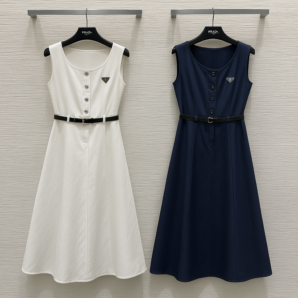 Prada 2025 Sleeveless Dress with Belt Navy Blue and White Linen
