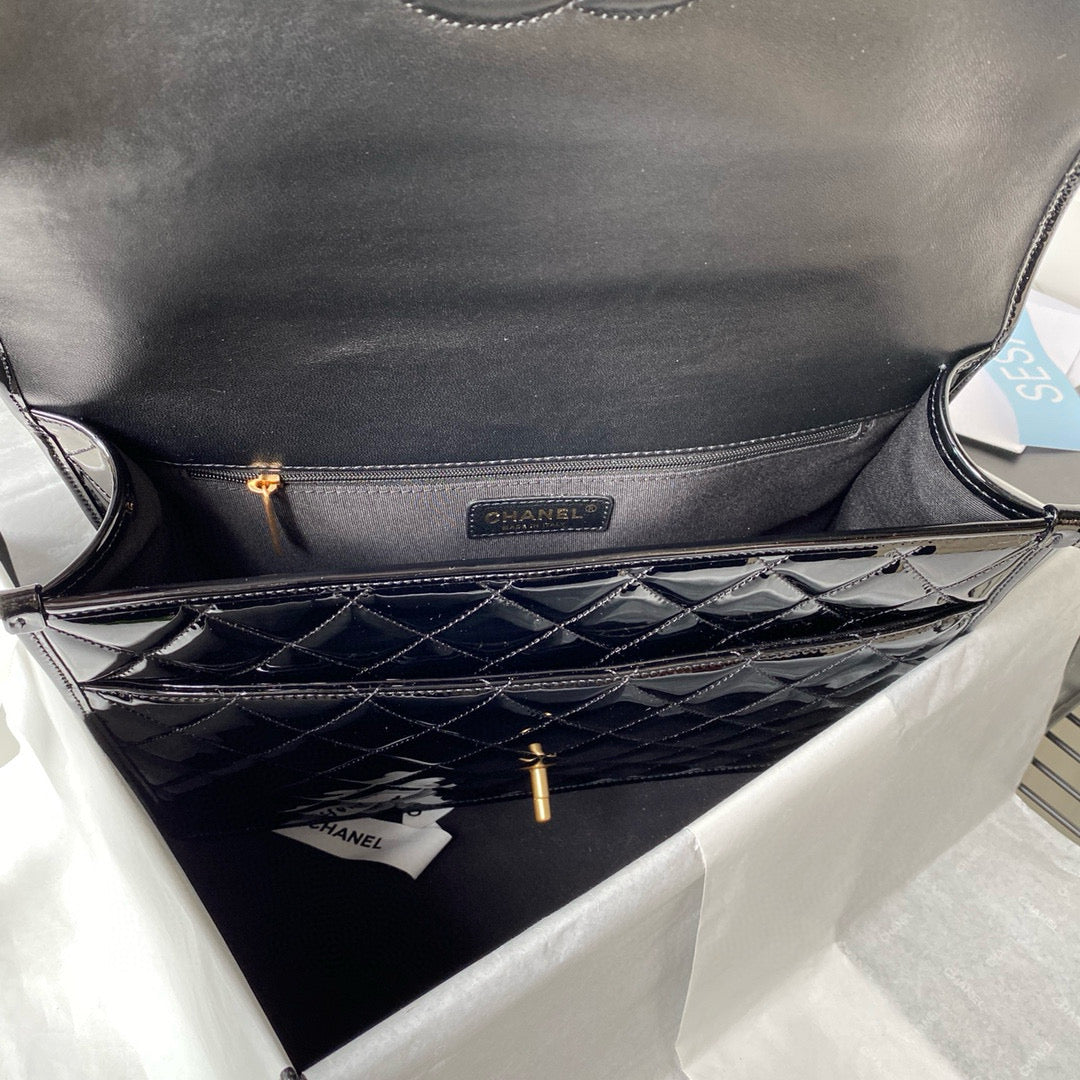 cc large backpack 31cm black patent calfskin gold hardware