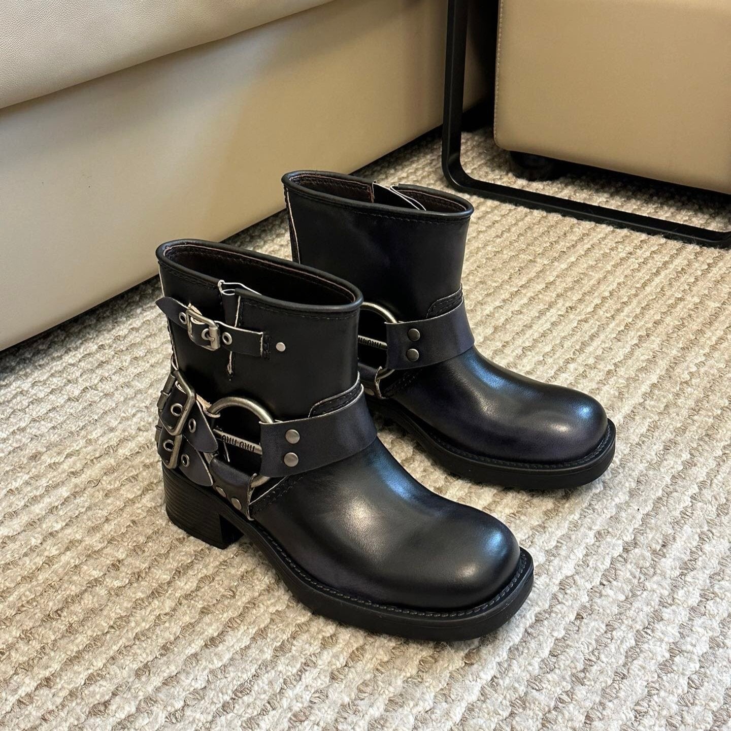 Miu Vintage-Look Black Calfskin Booties