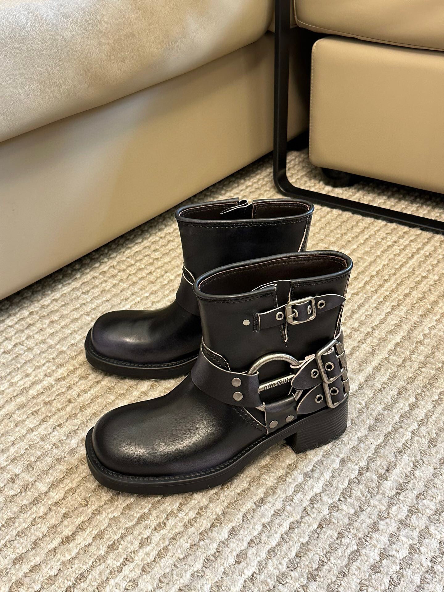 Miu Vintage-Look Black Calfskin Booties