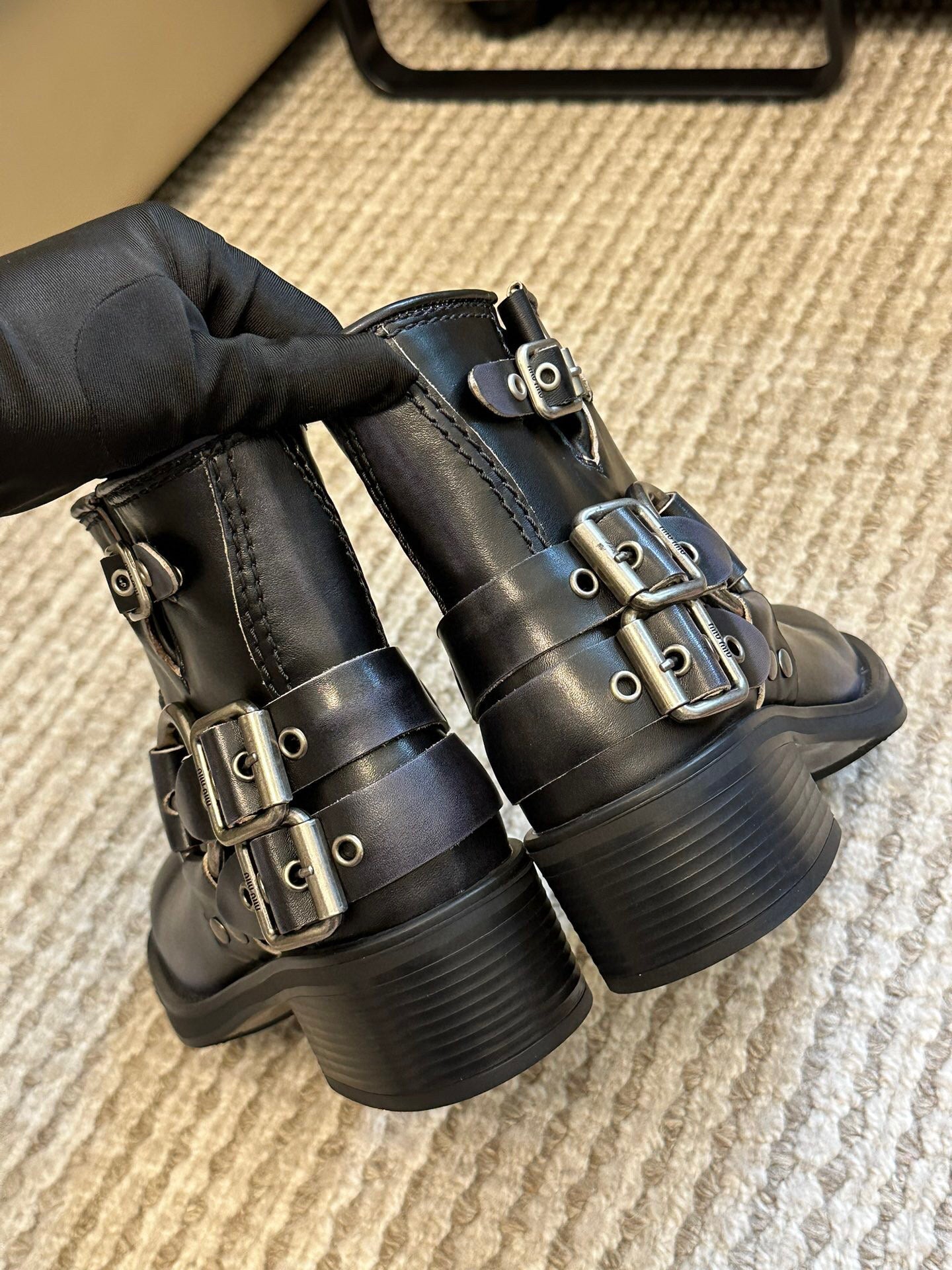 Miu Vintage-Look Black Calfskin Booties