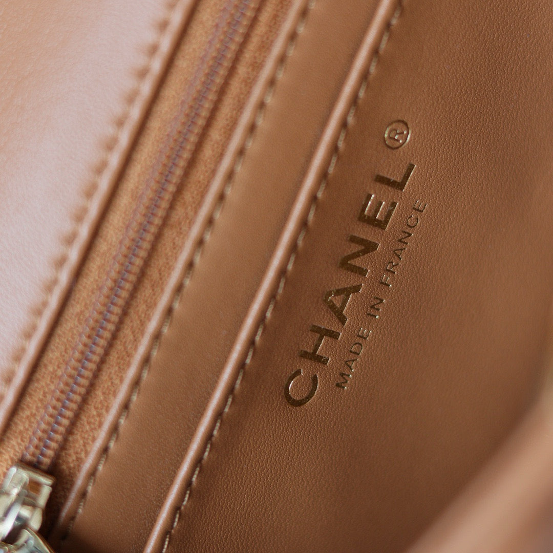 Mini Flap Bag With Top Handle 20cm Brown Lambskin Light Gold Hardware