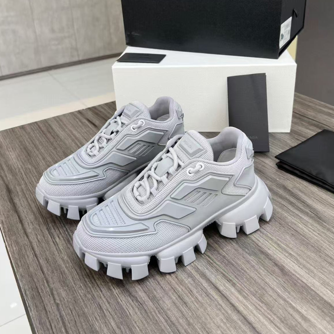 Prada Cloudbust Thunder Sneakers White mix Pearl Gray Knit Fabric