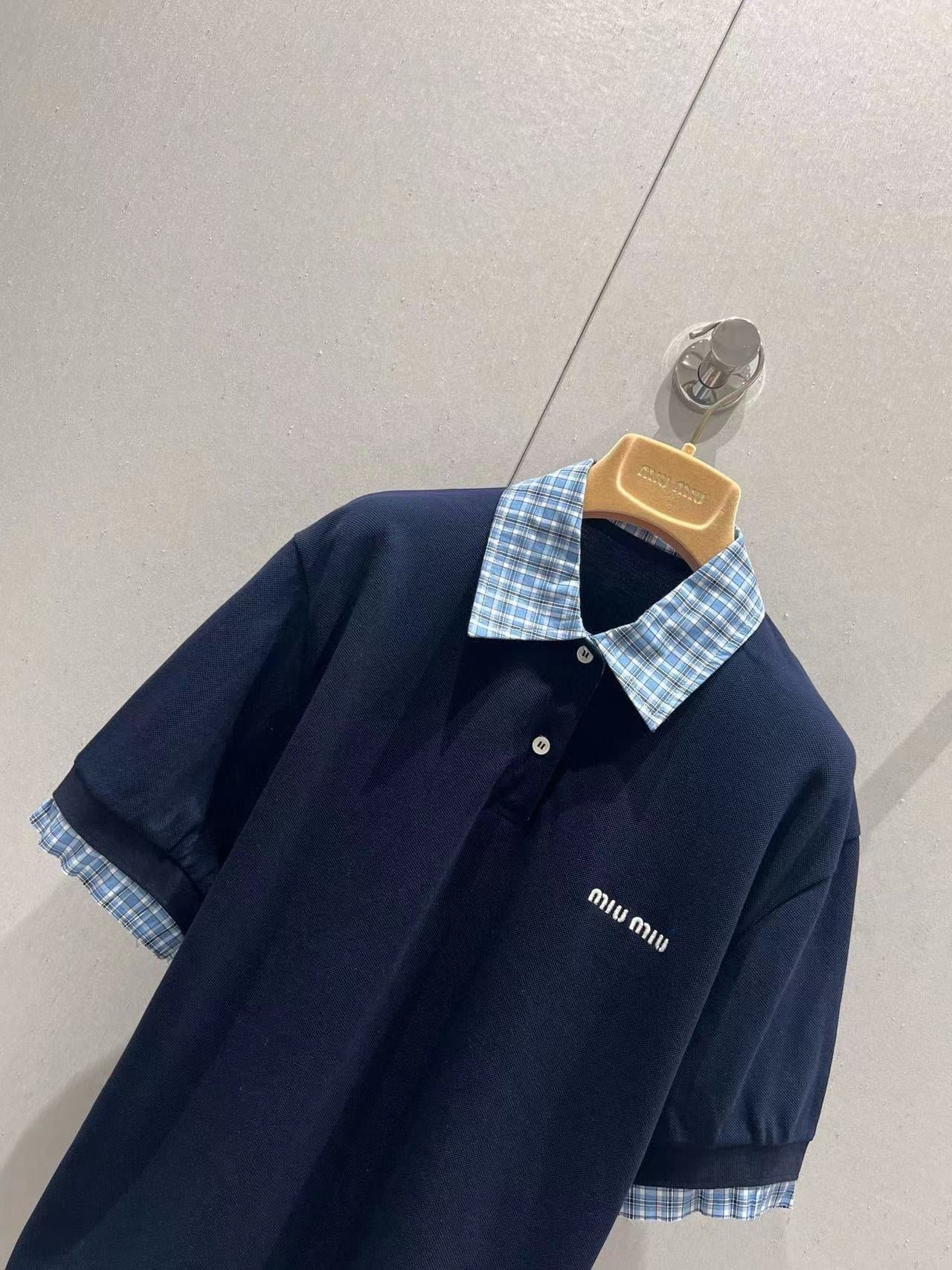 Miu Layered-Effect Cotton Polo Blue Shirt