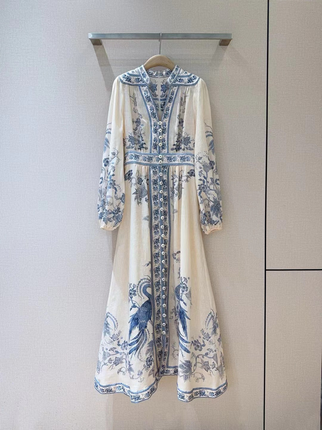 ZIMMERMANN Lucky Plunge Midi Dress Cream/Blue Floral Linen Fabric