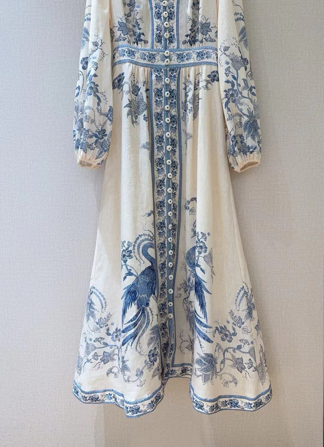 ZIMMERMANN Lucky Plunge Midi Dress Cream/Blue Floral Linen Fabric