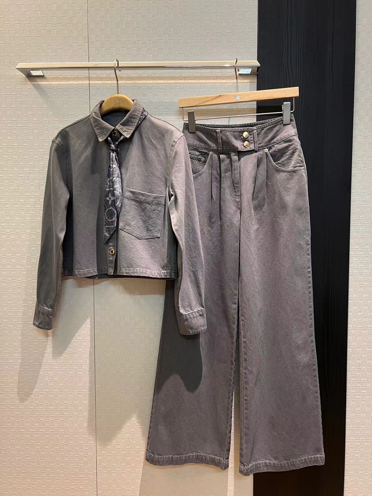 LV Flower Denim Wide Leg Pants Pink Grey