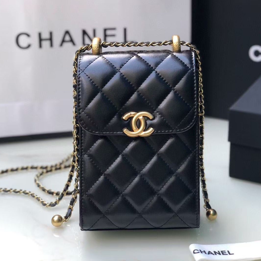 Chanel Phone Chain Bag Black Gold Calfskin