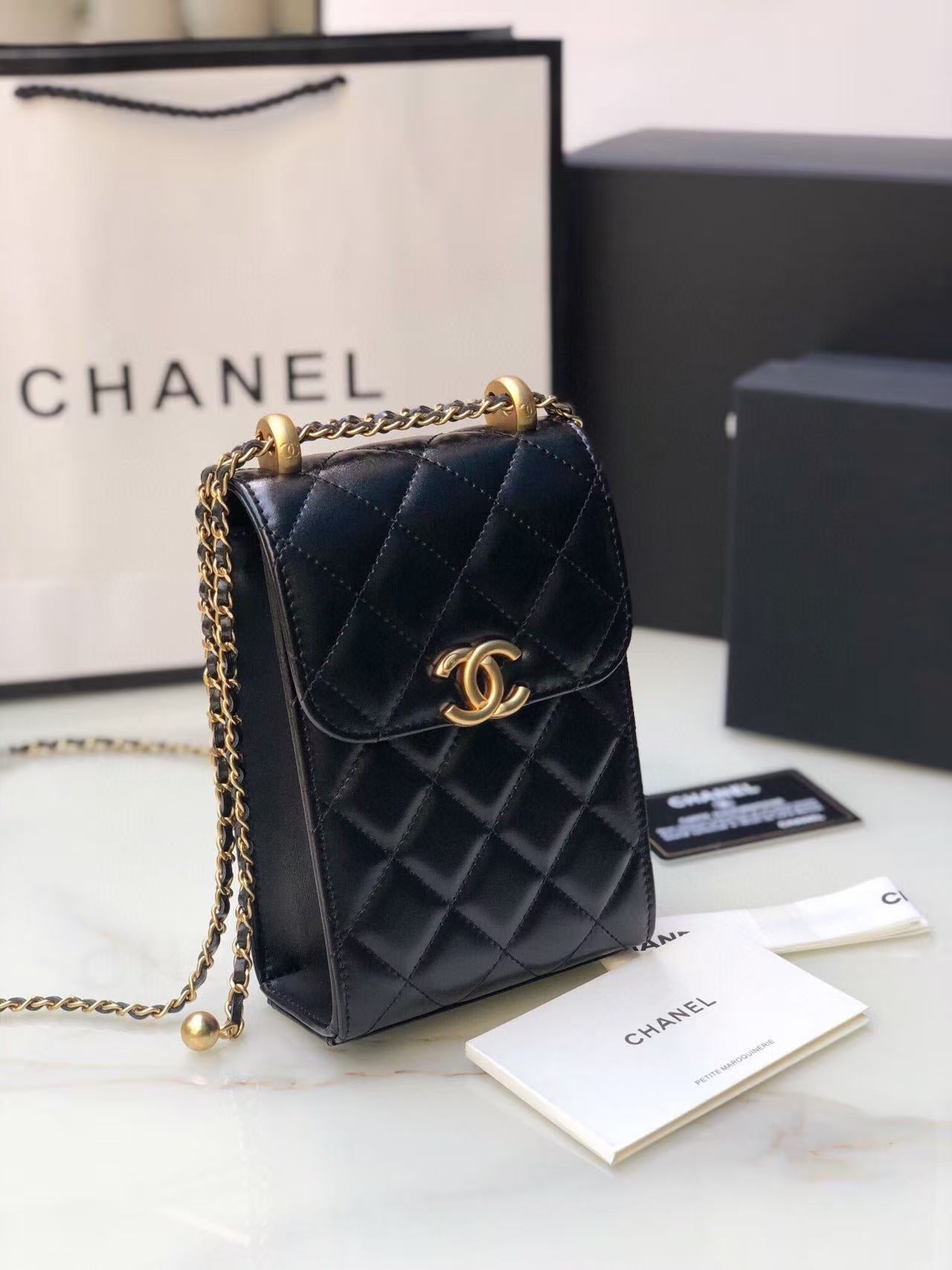 Chanel Phone Chain Bag Black Gold Calfskin