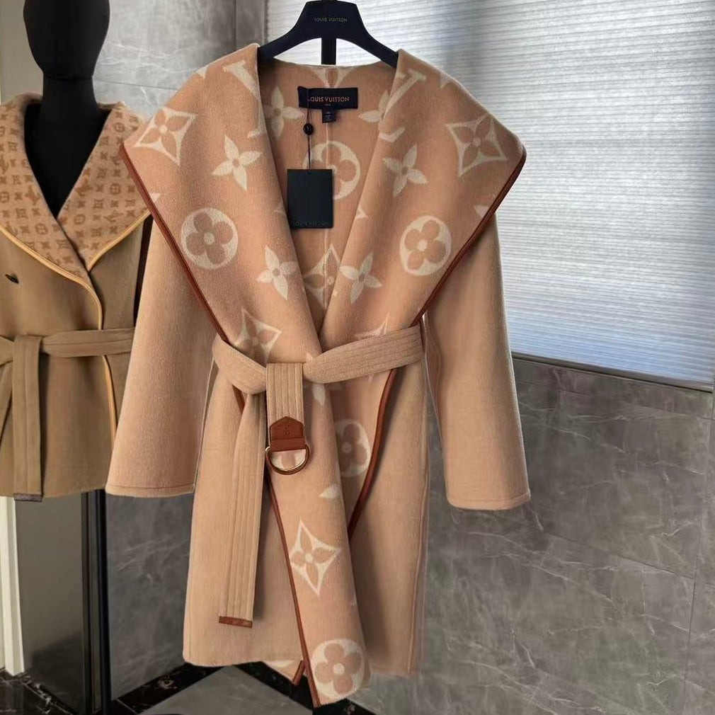 LV25 Reversible Signature Hooded Wrap Coat Beige mix Light Pink Wool Silk Blend