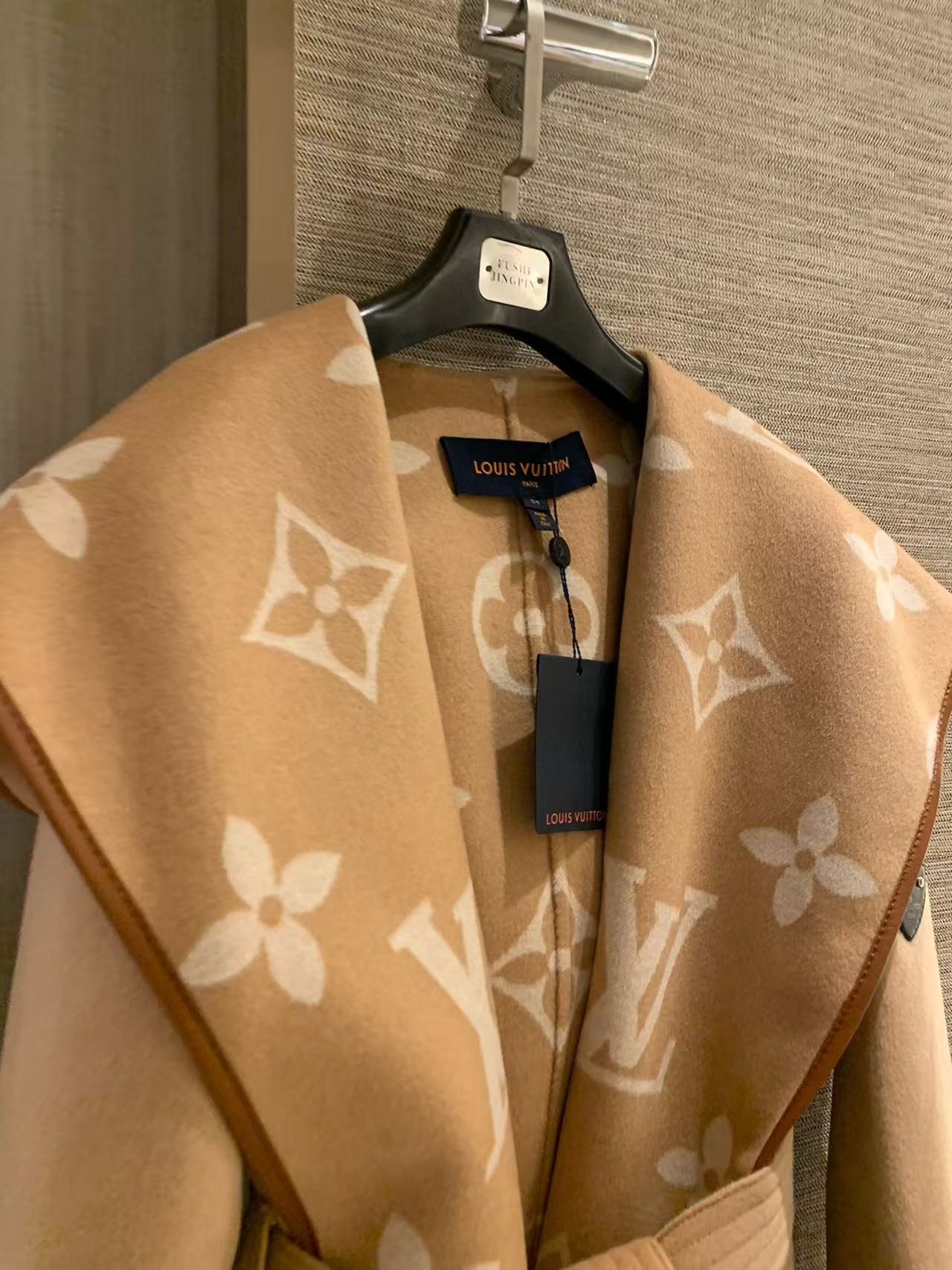 LV25 Reversible Signature Hooded Wrap Coat Beige mix Light Pink Wool Silk Blend