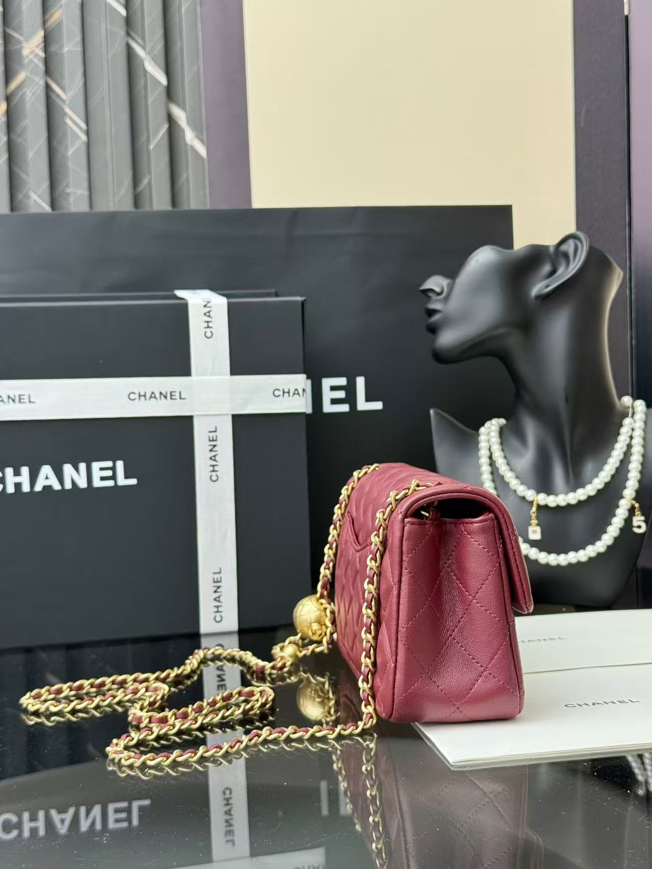 Chanel 2025 Mini Flap Bag 20cm Burgundy Lambskin