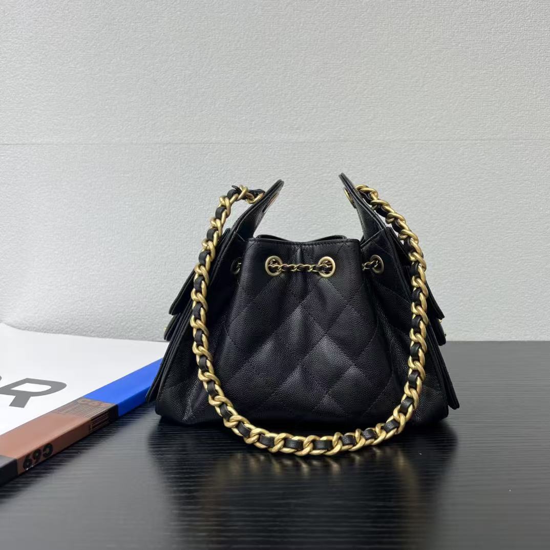 Chanel 2025 Hobo Bag 22cm Black Gold Grained Calfskin