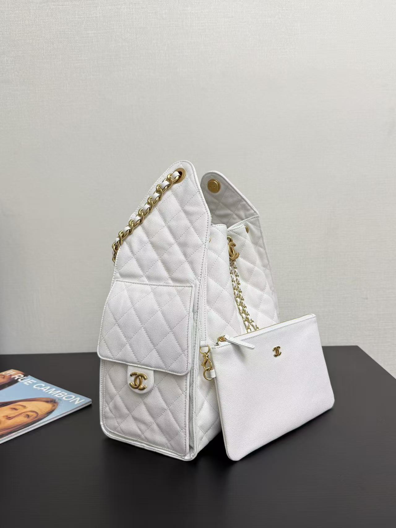 Chanel 2025 Hobo Bag 40cm White Grained Calfskin