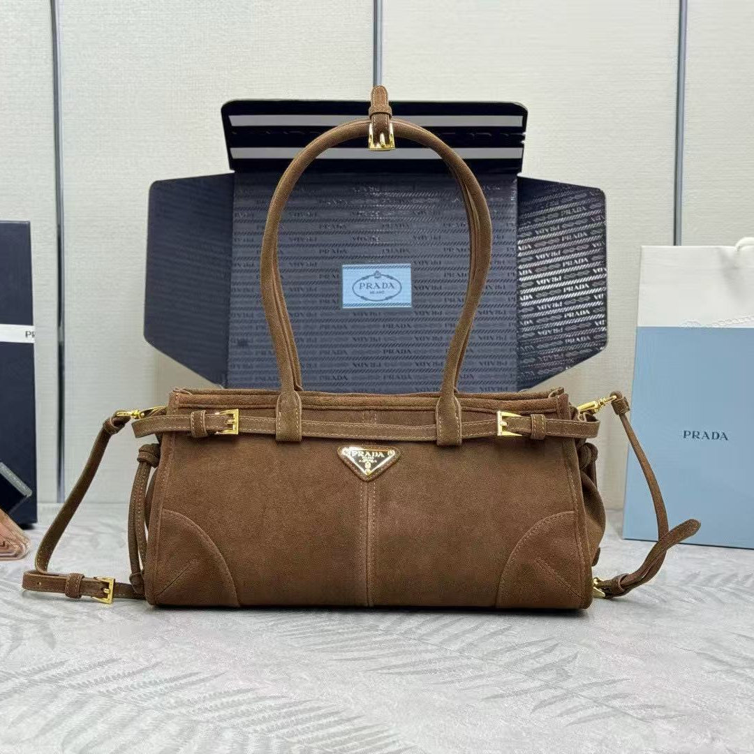 TOTE BAG WITH BELT 32 IN RUSSET BROWN SUEDE GOLD HARDWARE