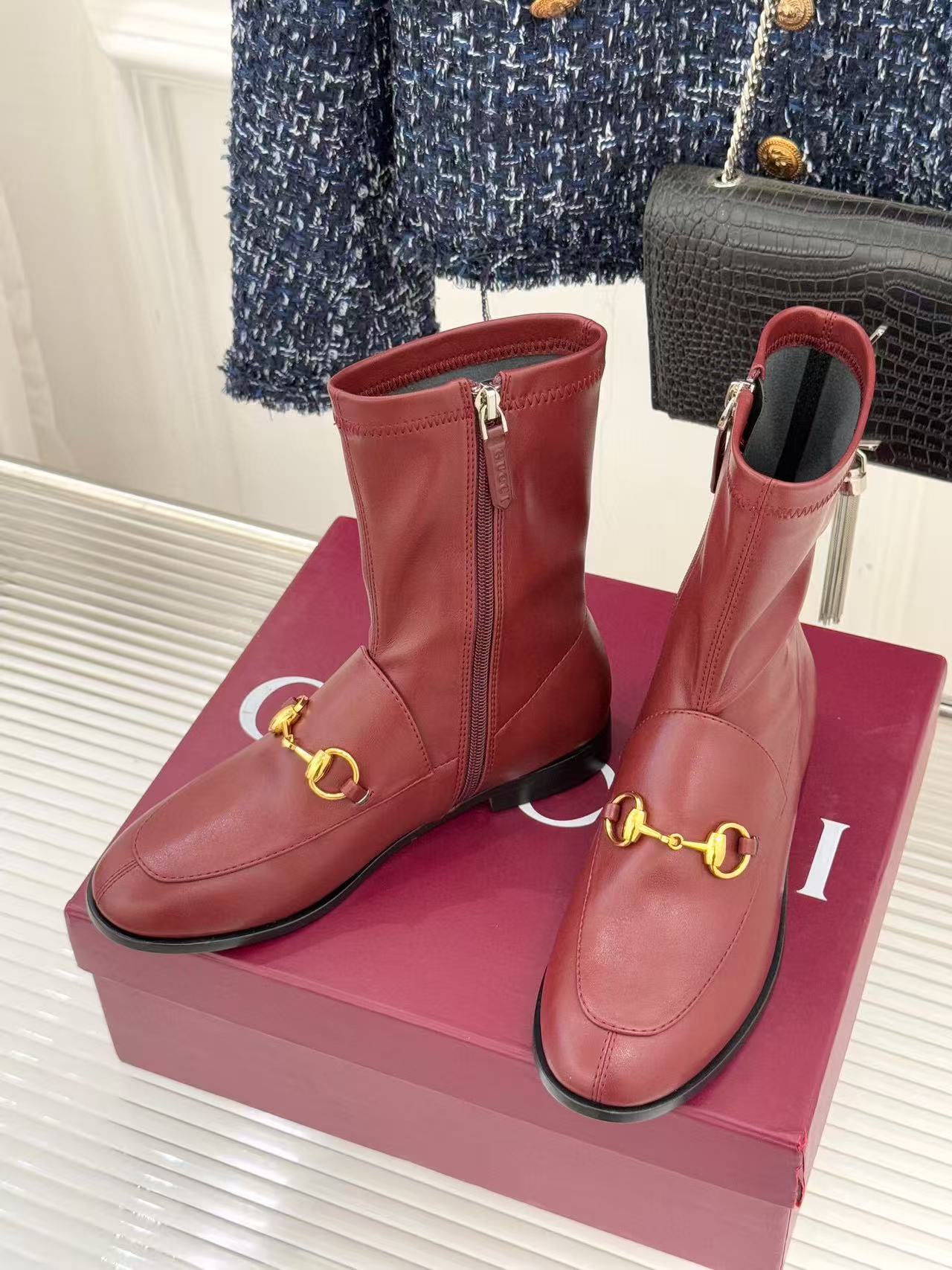 GG 2025 Jordaan Ankle Boot Burgundy mix Black Calfskin