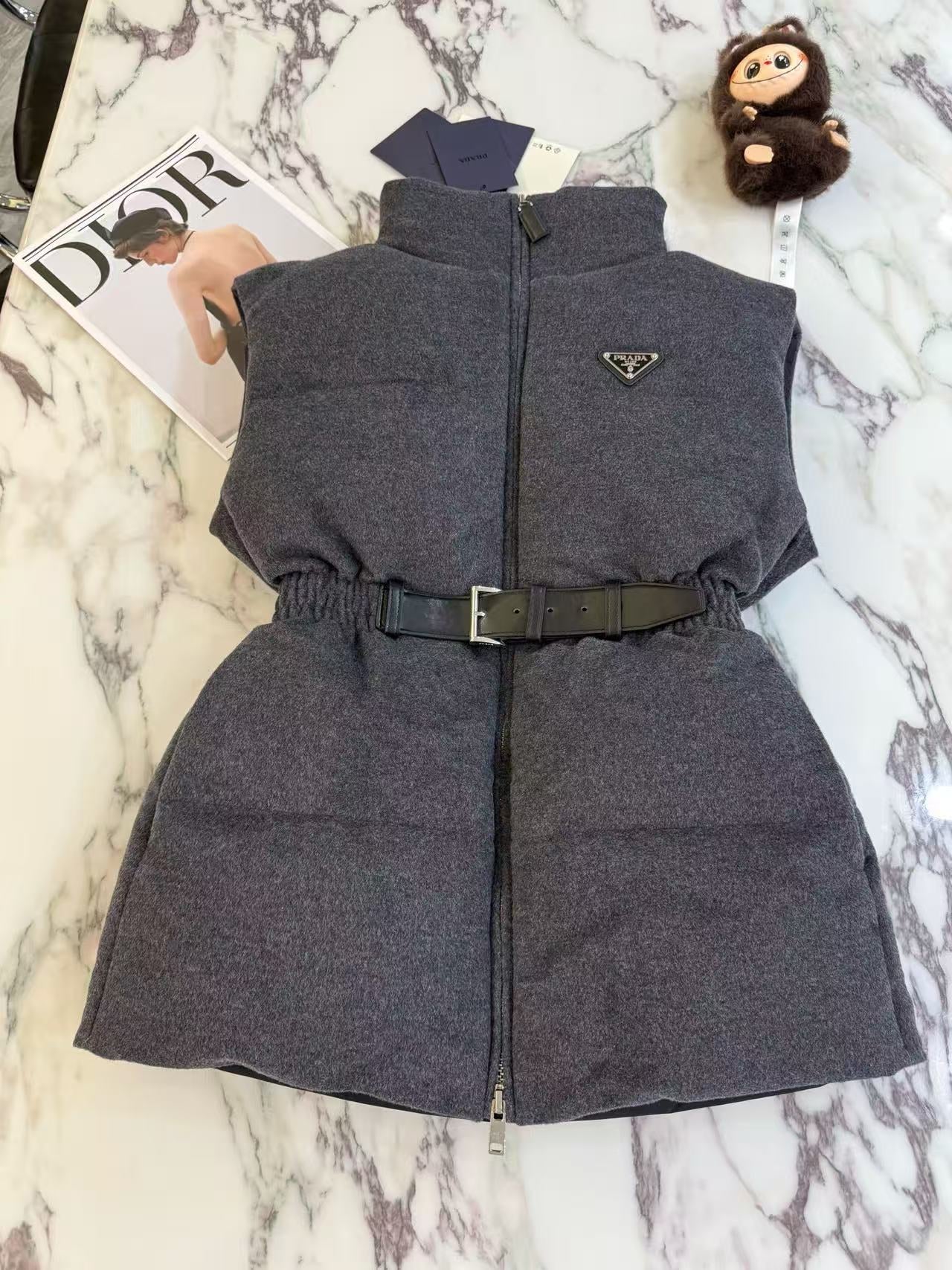 Prada 2025 Belted Down Vest Gray Wool
