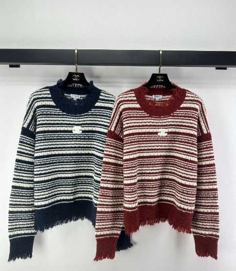Chanel 2025 Striped Sweater Blue and Red Wool Cashmere