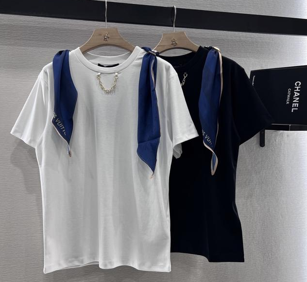 LV High-Sense Silk Scarf T-shirt Black White Cotton