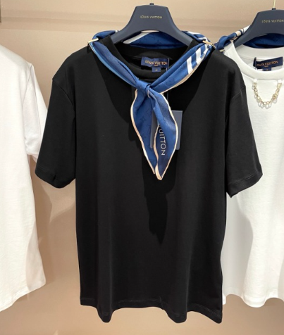 LV High-Sense Silk Scarf T-shirt Black White Cotton