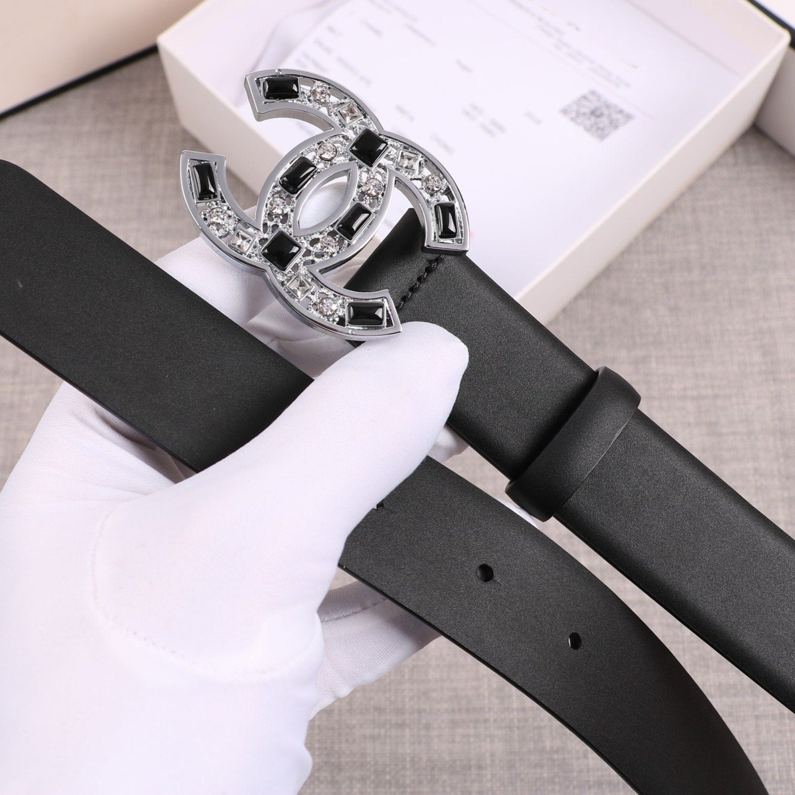 CC WOMEN'S BELT 3.0CM BUCKLE BLACK DIAMOND LEATHER