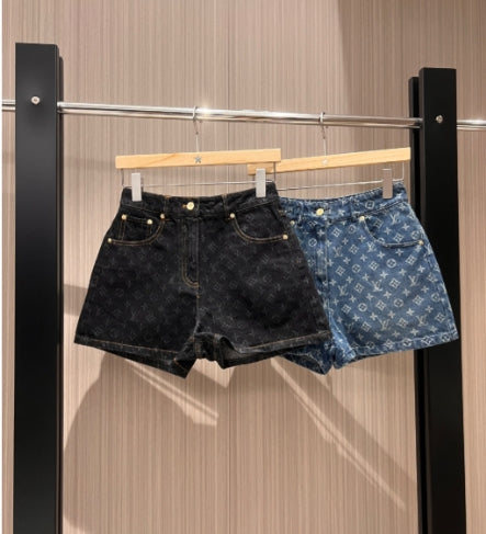 LV  Flower Jacquard Denim Shorts Black Blue Cotton