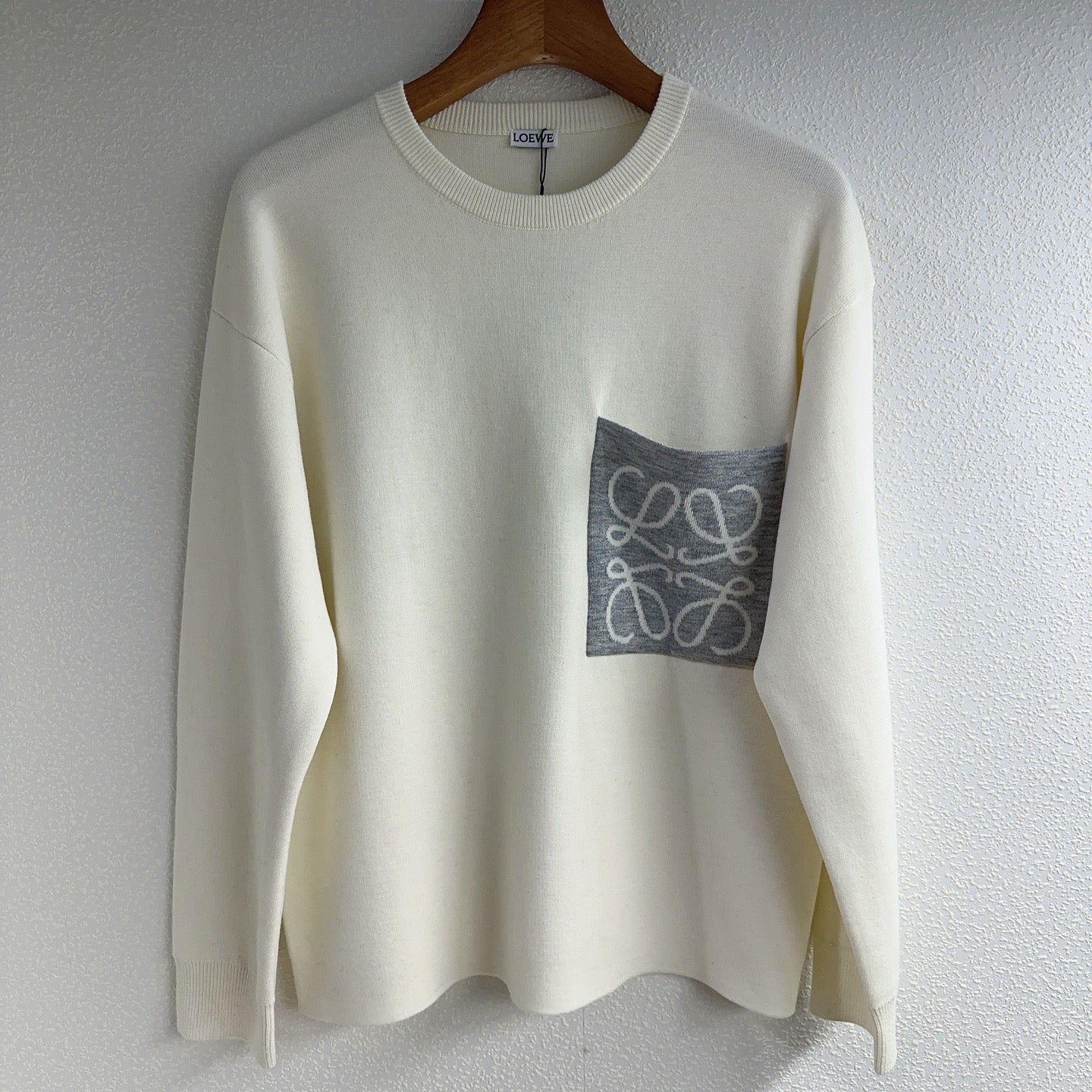 Loewe 2025 Round Neck Embroidered Large Logo Sweater White Gray Wool 321548