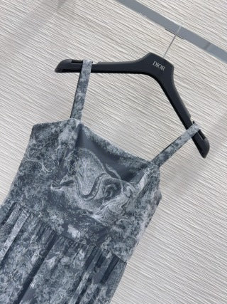 CD 25 Print Suspender Skirt Light Gray and Navy Blue Polyester