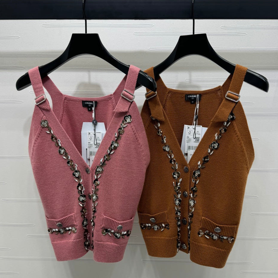 Chanel 2026 Beaded Knit Vest Pink and Brown Wool
